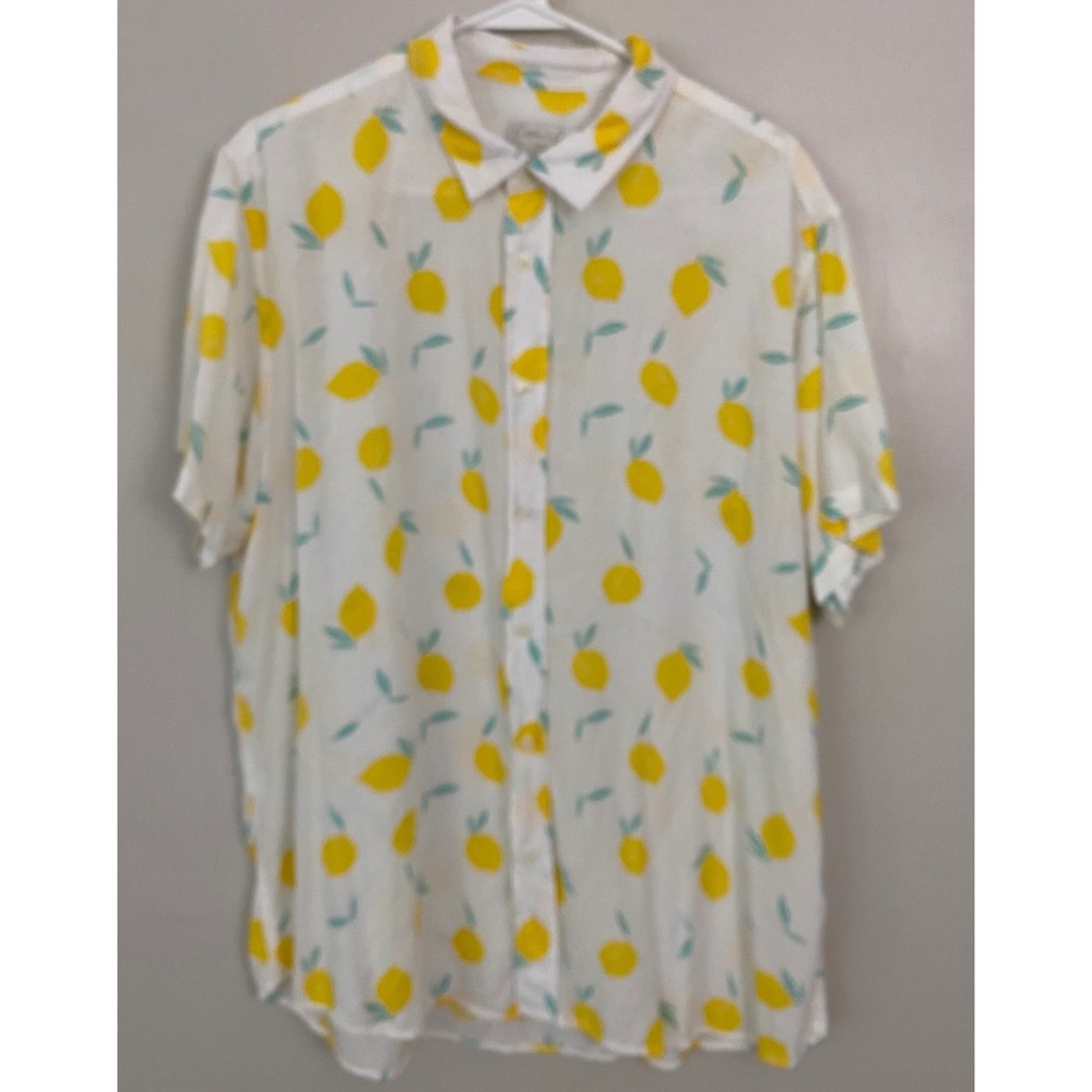 Cotton & Co Button Down Shirt Mens XL White Yellow Lemon Print Viscose Tropical